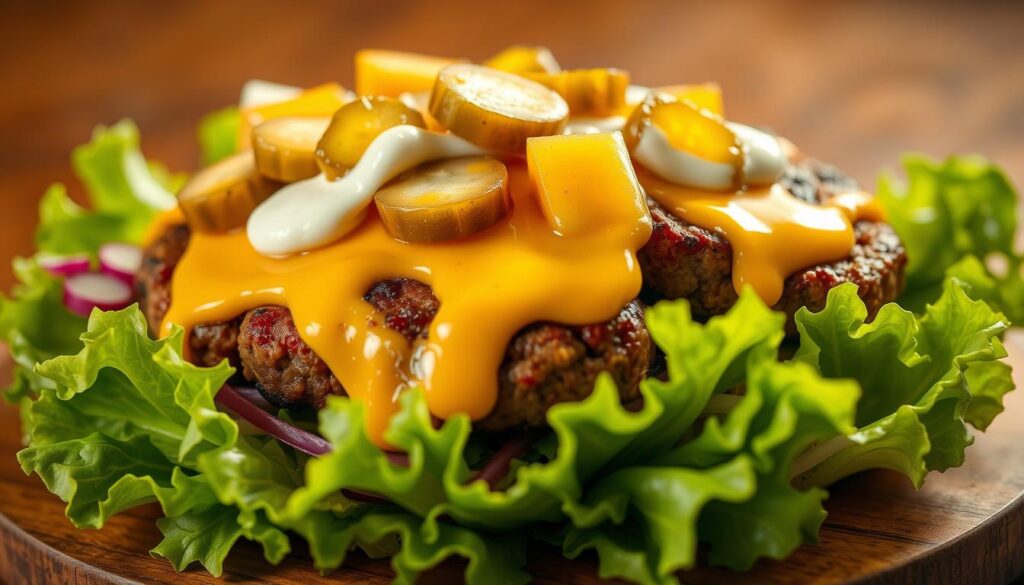 A beautifully lit close-up of a keto-friendly Big Mac salad, featuring a bed of fresh, crisp lettuce leaves. Atop the greens, juicy ground beef patties are nestled, seared to perfection with a slight char. Sliced dill pickles, melted cheddar cheese, and dollops of creamy, tangy sauce adorn the salad, creating the iconic Big Mac flavor profile. The entire scene is bathed in warm, soft lighting, highlighting the appetizing textures and colors. The composition is carefully balanced, drawing the eye to the star of the dish - the keto-friendly Big Mac salad.