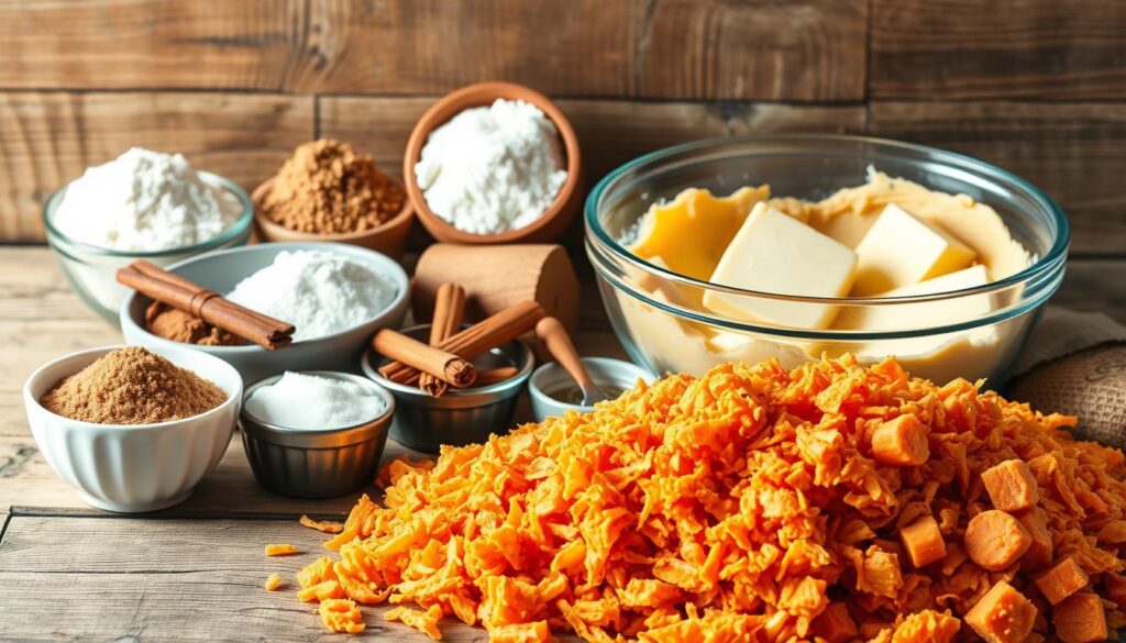 A carefully arranged still life of essential ingredients for soft and chewy carrot cake cookies. In the foreground, a pile of grated carrots, their vibrant orange hues glistening under warm, natural lighting. Surrounding the carrots, bowls brimming with brown sugar, all-purpose flour, baking powder, cinnamon, and other aromatic spices. In the middle ground, a mixing bowl filled with creamy cream cheese, butter, and vanilla extract, the perfect base for the cookie dough. In the background, a vintage wooden surface, its weathered texture providing a rustic, homey backdrop. The overall composition evokes the comforting flavors and homemade charm of classic carrot cake cookies.