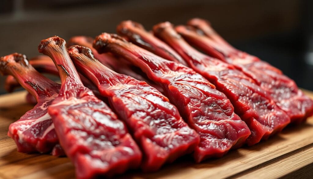A close-up shot of premium quality beef tips, neatly arranged on a wooden cutting board. The meat has a rich, reddish-brown color and a tender, marbled texture, showcasing the high quality of the cut. Soft, even lighting illuminates the surface, casting subtle shadows that accentuate the contours and edges of the beef. The background is blurred, creating a sense of focus on the subject. The composition is balanced, drawing the viewer's eye to the center of the frame, where the succulent beef tips are the clear focal point. A close-up shot of premium quality beef tips, neatly arranged on a wooden cutting board. The meat has a rich, reddish-brown color and a tender, marbled texture, showcasing the high quality of the cut. Soft, even lighting illuminates the surface, casting subtle shadows that accentuate the contours and edges of the beef. The background is blurred, creating a sense of focus on the subject. The composition is balanced, drawing the viewer's eye to the center of the frame, where the succulent beef tips are the clear focal point.