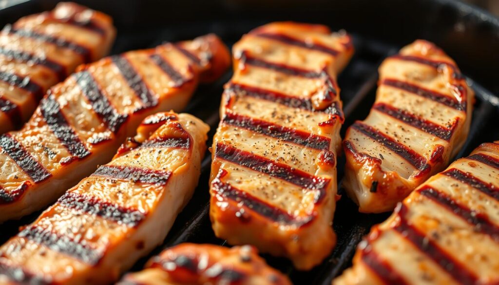 A close-up shot of savory grilled chicken strips, sizzling on a cast-iron grill with a light dusting of spices. The skin is crispy and golden, with grill marks adding depth and texture. The meat is juicy and tender, with a hint of char from the high heat. The scene is well-lit, with warm, natural lighting highlighting the succulent details of the chicken. The background is blurred, putting the focus squarely on the delectable grilled chicken strips, ready to be enjoyed as the star of a flavorful meal.