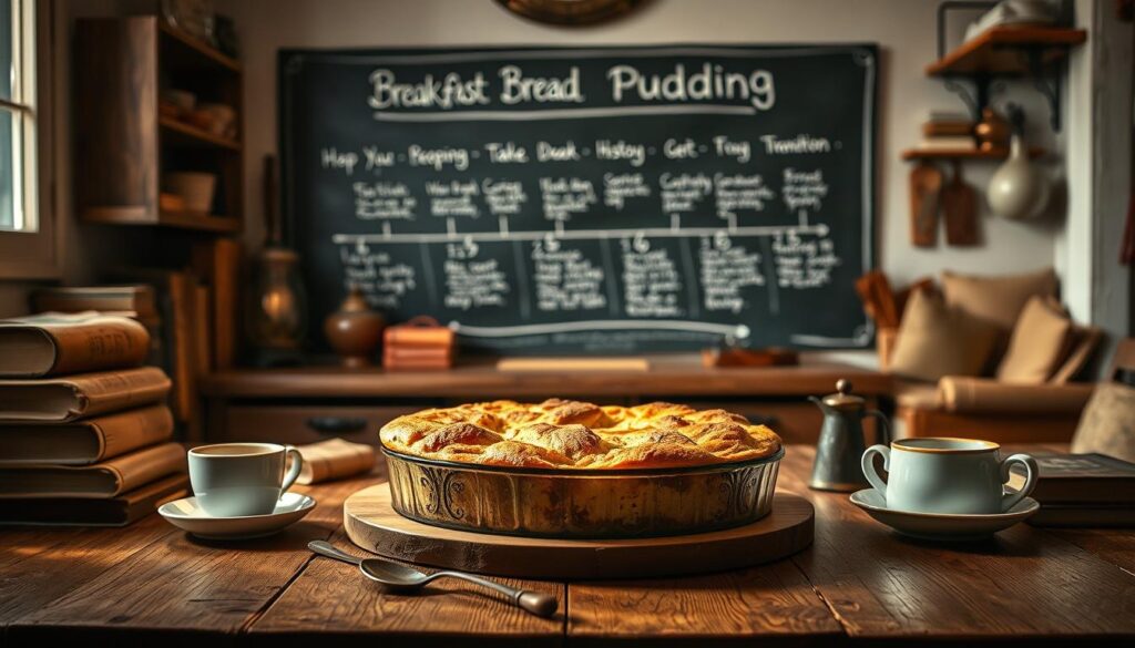 A cozy kitchen interior, dimly lit with warm, soft lighting. On a wooden table, a sumptuous breakfast bread pudding is the centerpiece, its golden-brown crust glistening. Surrounding it are vintage cookbooks, antique utensils, and a steaming cup of coffee, hinting at the rich history and tradition of this comforting dish. In the background, a chalkboard wall displays a timeline of bread pudding's evolution, from its humble origins as a way to repurpose stale bread to its modern-day status as a beloved breakfast treat. The overall atmosphere evokes a sense of nostalgia and culinary heritage, setting the stage for an immersive exploration of the rich history of breakfast bread pudding.