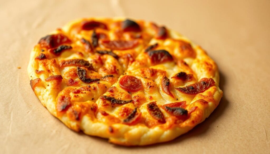 A crispy, golden-brown chicken pizza crust, fresh from the oven, with a delightful crunch and a hint of savory seasoning. The crust is perfectly formed, with a thin, even texture that serves as a delicious low-carb base for a variety of toppings. The image is captured in a warm, inviting lighting, showcasing the crust's appetizing appearance. The camera angle is slightly elevated, giving a clear view of the crust's surface and its tantalizing texture. The background is a simple, neutral color, allowing the focus to remain on the star of the scene - the mouthwatering chicken pizza crust.