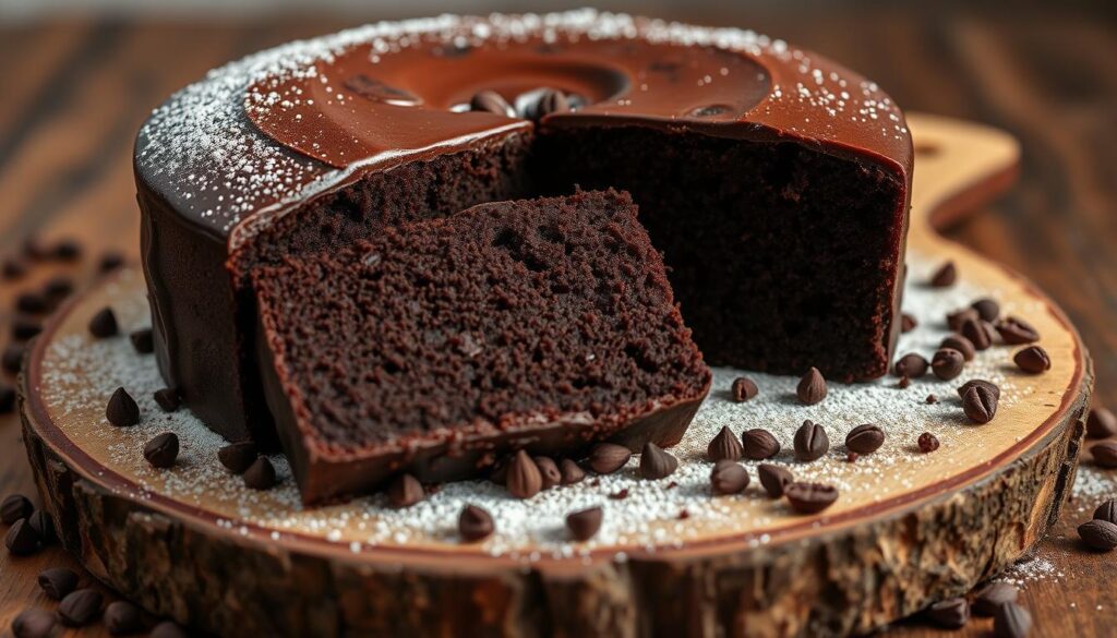 A decadent gluten-free chocolate cake, its rich, fudgy layers glistening under the warm light. The cake sits on a rustic wooden platter, surrounded by scattered cocoa nibs and a dusting of powdered sugar. Slices of the cake reveal a moist, dense crumb, perfectly complemented by the deep, complex flavor of premium, ethically-sourced chocolate. The scene is captured with a shallow depth of field, drawing the viewer's eye to the tempting details of the cake's texture and presentation. An inviting, sophisticated atmosphere, perfect for showcasing this delectable, gluten-free dessert.