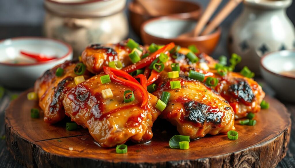A delectable arrangement of Asian-inspired chicken thighs, artfully presented on a rustic wooden surface. The succulent, golden-brown thighs are accompanied by vibrant garnishes, such as vibrant green scallions, crisp red bell peppers, and fragrant herbs. The lighting casts a warm, inviting glow, highlighting the rich, savory colors and textures of the dish. In the background, a subtle backdrop of traditional Asian ceramic bowls and utensils, creating a sense of authenticity and cultural influence. The overall composition is visually striking, capturing the essence of authentic Asian cuisine and the comforting, homemade appeal of these mouthwatering chicken thigh recipes.