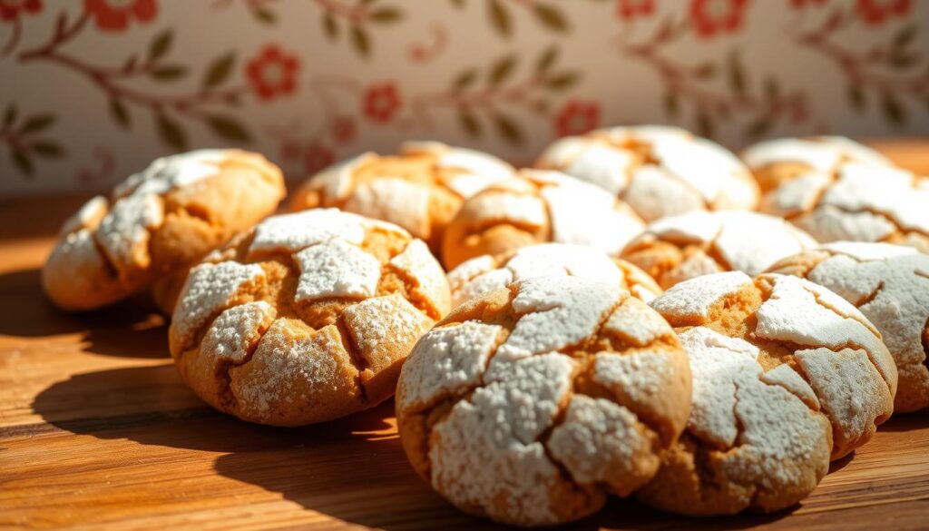 A delectable assortment of soft, chewy carrot cake cookies, freshly baked and glistening with a light dusting of powdered sugar. The cookies are arranged on a rustic wooden surface, casting warm, inviting shadows in the soft, natural lighting. In the background, a subtle pattern of leafy vines and flowers adds a touch of earthy elegance, complementing the rich, vibrant hues of the carrot cake cookies. The overall scene evokes a sense of homemade comfort and the irresistible aroma of spices and cream cheese frosting, perfectly capturing the essence of "The Delicious World of Carrot Cake Cookies".