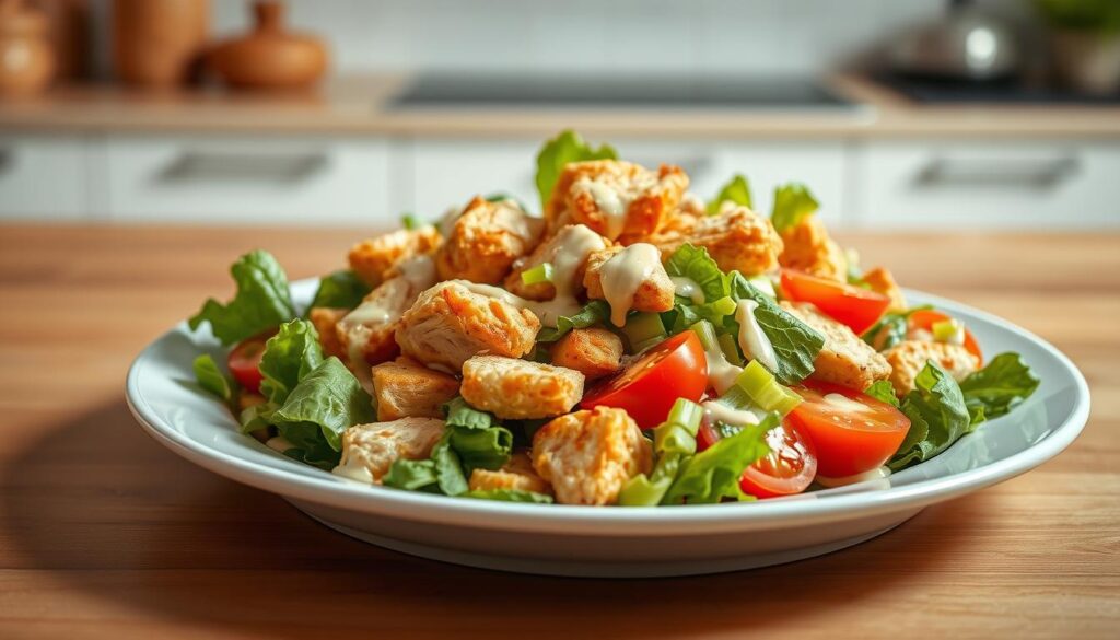 A delectable chicken salad served on a pristine white plate, the golden-brown pieces of tender chicken nestled amidst a vibrant mix of crisp lettuce, juicy tomatoes, and crunchy celery. The salad is drizzled with a creamy, tangy dressing, the light reflecting off the smooth surface. In the background, a minimalist kitchen counter in warm, earthy tones creates a simple, elegant setting. Soft, diffused lighting from an overhead source casts a gentle glow, highlighting the fresh, wholesome ingredients. The composition is balanced and visually appealing, showcasing the nutritious and calorie-conscious nature of this healthy meal option.