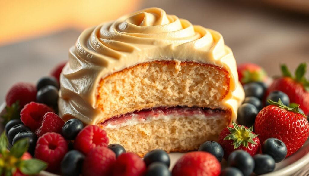 A delectable cloud cake, its soft, pillowy texture crowned with a swirled frosting that glistens under the warm, golden lighting. The cake is centered in the frame, its layers revealed in cross-section, showcasing the moist, tender crumb and the subtle vanilla notes that infuse every bite. Surrounding the cake are artfully arranged fresh berries - juicy raspberries, plump blueberries, and succulent strawberries - their vibrant colors providing a beautiful contrast. The scene is captured with a shallow depth of field, drawing the viewer's eye directly to the irresistible cake. The overall mood is one of indulgence and delight, inviting the viewer to savor every morsel of this heavenly creation.