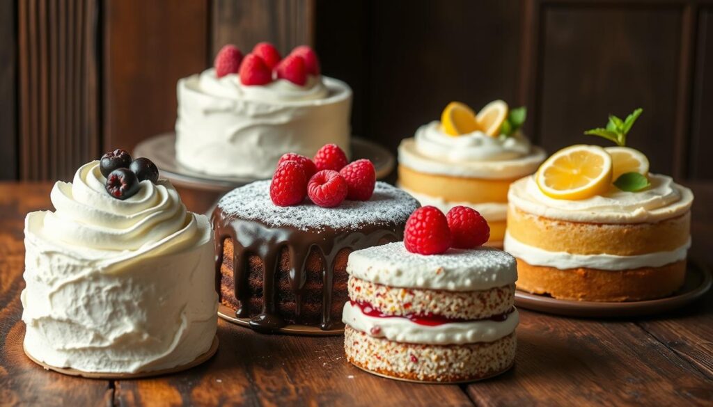 A delicious assortment of cloud cake recipe variations, elegantly displayed on a rustic wooden table. In the foreground, a fluffy vanilla cake with swirls of whipped cream and fresh berries. Alongside it, a decadent chocolate cake drizzled with glossy ganache and dusted with cocoa powder. In the middle ground, a vibrant red velvet cake topped with plump raspberries and a dusting of powdered sugar. In the background, a light and airy lemon cake adorned with lemon slices and a sprig of mint, all bathed in soft, natural lighting that enhances the mouthwatering textures and colors. The scene exudes a sense of homemade comfort and artisanal craftsmanship.