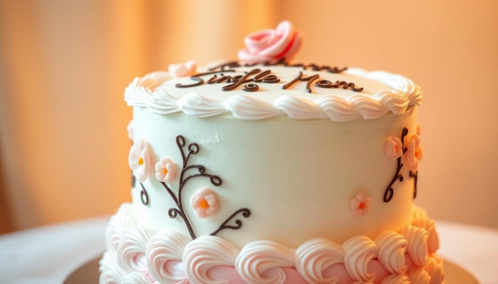 A detailed, beautifully decorated birthday cake, with a chic, modern design and pastel colors, set against a soft, blurred background. The cake features delicate floral accents, intricate piping, and a subtle message or phrase piped onto the top, conveying a sense of independence and resilience. The lighting is warm and flattering, creating a serene, elegant atmosphere. The camera angle is slightly elevated, emphasizing the cake's visually appealing presentation. Overall, the image projects a confident, stylish, and empowered single mom vibe.
