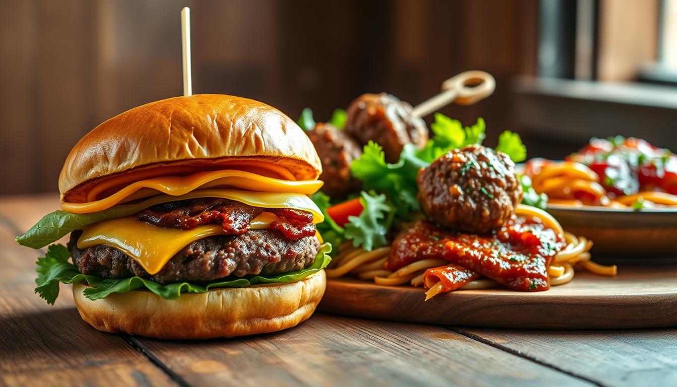 A mouthwatering close-up shot of three delectable ground venison dishes, elegantly presented on a rustic wooden table. The foreground features a juicy venison burger with melted cheese, crisp lettuce, and a golden bun. In the middle ground, a savory venison meatball skewer is accompanied by a vibrant salad. The background showcases a hearty venison bolognese pasta, its rich sauce glistening. Warm, indirect lighting casts a cozy, inviting atmosphere, while a shallow depth of field keeps the focus on the culinary masterpieces. This image captures the essence of quick, flavorful ground deer meat recipes perfect for an easy, satisfying meal.
