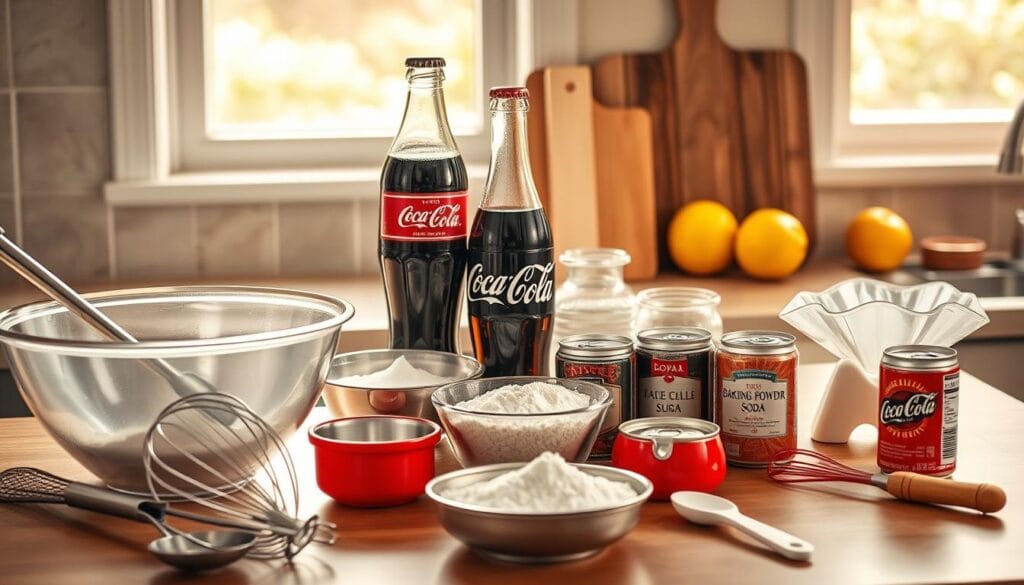 A neatly arranged kitchen counter, bathed in warm, natural light filtering through a window. In the foreground, a collection of essential baking tools for a Coca-Cola cake - a mixing bowl, whisk, measuring cups and spoons, a handheld electric mixer, and a spatula. In the middle ground, a glass bottle of Coca-Cola and a few freshly opened cans, complementing the baking ingredients like flour, sugar, cocoa powder, and baking soda. The background features a rustic, wooden cutting board and a few scattered citrus fruits, adding a touch of freshness to the scene. The overall mood is cozy, inviting, and evocative of a homemade baking experience. A neatly arranged kitchen counter, bathed in warm, natural light filtering through a window. In the foreground, a collection of essential baking tools for a Coca-Cola cake - a mixing bowl, whisk, measuring cups and spoons, a handheld electric mixer, and a spatula. In the middle ground, a glass bottle of Coca-Cola and a few freshly opened cans, complementing the baking ingredients like flour, sugar, cocoa powder, and baking soda. The background features a rustic, wooden cutting board and a few scattered citrus fruits, adding a touch of freshness to the scene. The overall mood is cozy, inviting, and evocative of a homemade baking experience.