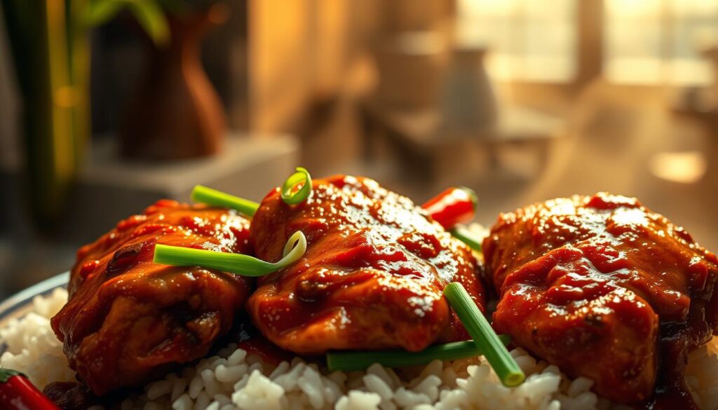 A spicy, flavorful dish of savory Asian-style chicken thighs, simmered in a rich sauce of soy, ginger, garlic, and chili peppers. The chicken thighs are crispy-skinned and juicy, resting atop a bed of fragrant steamed rice. In the foreground, a trio of chicken thighs glistens with the sticky, umami-packed sauce. In the middle ground, vibrant green scallions and fresh red chilies add pops of color and texture. The background is hazy, with the silhouettes of bamboo stalks and a steam-filled kitchen. Warm, diffused lighting casts a golden glow, highlighting the succulent meat and aromatic ingredients. The overall mood is one of comforting, spicy Asian cuisine, ready to be savored.