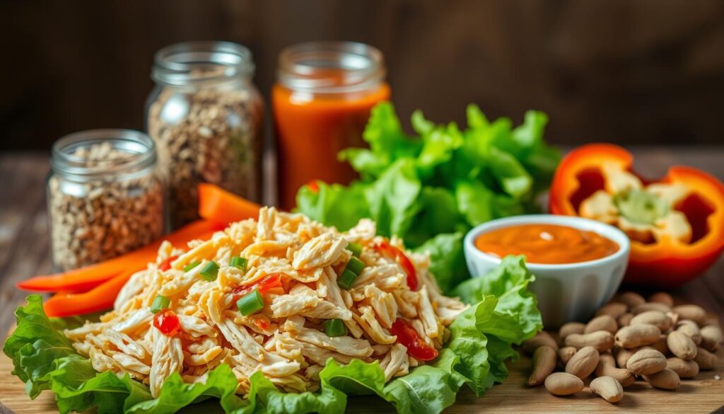 A still life arrangement of the key ingredients for a delectable Bang Bang Chicken dish, captured in warm, natural lighting with a shallow depth of field. In the foreground, juicy, shredded chicken breasts sit atop a bed of crisp lettuce leaves. Surrounding them are colorful slices of vibrant red bell pepper, crunchy chopped scallions, and a small bowl of creamy, spicy Bang Bang sauce. In the middle ground, a jar of sesame seeds and a handful of roasted peanuts add textural contrast. The background is softly blurred, allowing the vibrant colors and textures of the ingredients to take center stage.