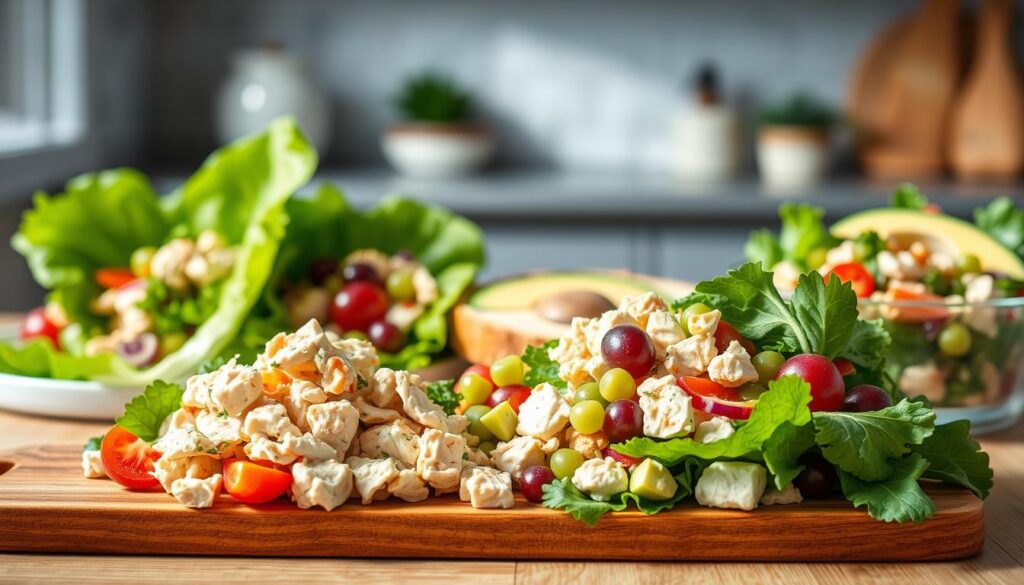 A vibrant and appetizing display of healthy chicken salad variations, captured in a crisp, natural light setting. In the foreground, a colorful array of ingredients - tender chicken, fresh greens, juicy grapes, crunchy celery, and creamy avocado - artfully arranged on a wooden board. The middle ground features various serving options, such as a leafy lettuce wrap, a whole-grain bread slice, and a refreshing salad bowl. The background hints at a bright, airy kitchen environment, with subtle textures and natural elements that complement the overall composition. The scene evokes a sense of wellness, balance, and the delightful flavors of a nutritious chicken salad lunch or dinner.