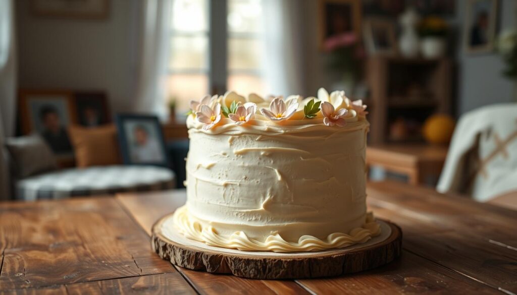 A warm, inviting single-layer birthday cake with buttercream frosting, decorated with delicate pastel-colored flowers and leaves, resting on a rustic wooden table. The lighting is soft and diffused, creating a cozy, intimate atmosphere. In the background, there are hints of family photos and mementos, suggesting a welcoming, personal space. The overall mood is one of understated elegance and a celebration of a single mom's resilience and joyful spirit.