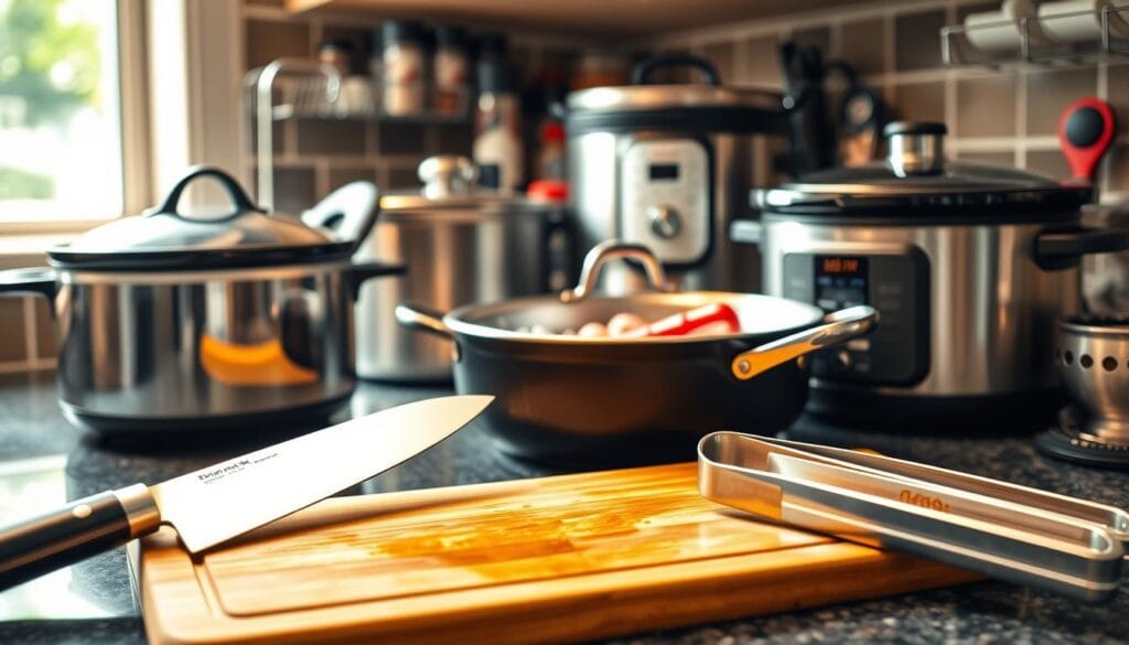 A well-lit kitchen counter scene, with an array of essential cooking equipment for preparing beef tips. In the foreground, a high-quality chef's knife, a wooden cutting board, and a pair of tongs. In the middle ground, a cast-iron skillet, a saucepan, and a slow cooker, all gleaming under the warm, natural lighting. In the background, a stainless steel mixing bowl, a spice rack, and a digital meat thermometer, creating a sense of culinary organization and preparedness. The overall atmosphere is one of efficiency and attention to detail, perfect for a delicious beef tips recipe. A well-lit kitchen counter scene, with an array of essential cooking equipment for preparing beef tips. In the foreground, a high-quality chef's knife, a wooden cutting board, and a pair of tongs. In the middle ground, a cast-iron skillet, a saucepan, and a slow cooker, all gleaming under the warm, natural lighting. In the background, a stainless steel mixing bowl, a spice rack, and a digital meat thermometer, creating a sense of culinary organization and preparedness. The overall atmosphere is one of efficiency and attention to detail, perfect for a delicious beef tips recipe.