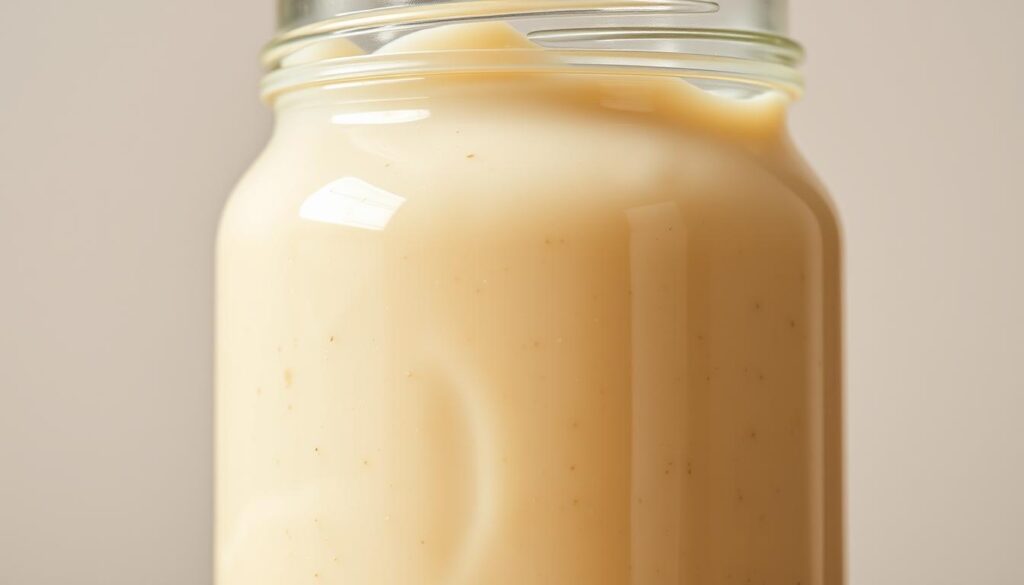 Detailed close-up of a creamy, light-colored salad dressing in a clear glass jar, reflecting the glossy surface of the liquid and highlights from the lighting. The dressing has a thick, smooth texture and appears to be made from a blend of mayonnaise, vinegar, and spices. The jar is set against a plain, neutral background, allowing the dressing to be the focal point. The lighting is soft and diffused, creating a warm, appetizing atmosphere that showcases the rich, indulgent nature of the dressing. The composition emphasizes the texture and viscosity of the dressing, hinting at the secret ingredients and flavor profile of the famous Big Mac salad dressing.