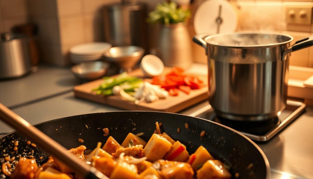 Detailed close-up shot of various cooking methods for Bang Bang Chicken, captured with a wide-angle lens in a warm, softly-lit kitchen setting. In the foreground, a sizzling wok showcases the process of stir-frying the chicken in a rich, creamy sauce. In the middle ground, a cutting board with julienned vegetables, ginger, and garlic ready for prep. In the background, a steaming pot of simmering broth, hinting at the poaching technique. Subtle textures and highlights convey the flavorful, aromatic experience of preparing this irresistible dish.