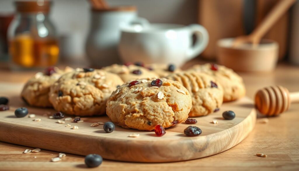 Freshly baked gluten-free breakfast cookies with a warm, golden-brown crust and a soft, chewy interior. The cookies are neatly arranged on a wooden serving board, accented by a sprinkling of oats, dried berries, and a drizzle of honey. Soft, natural lighting casts a comforting glow, highlighting the wholesome ingredients and homemade aesthetic. The cookies are positioned in the foreground, with a blurred background of a cozy kitchen counter or table, suggesting a serene, inviting atmosphere. The overall scene conveys a sense of healthful indulgence and a perfect start to the day.