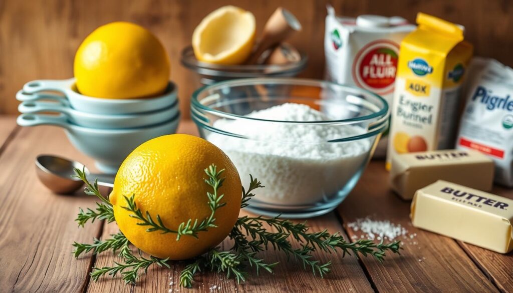Neatly arranged on a rustic wooden table, a bountiful collection of essential ingredients for a perfect lemon bundt cake. In the foreground, a bright yellow lemon, its rind glistening, surrounded by sprigs of fresh thyme. Behind it, a stack of measuring cups and spoons, ready to precisely portion the dry and wet components. In the middle ground, a glass bowl filled with granulated sugar, its crystals sparkling under the warm, soft lighting. In the background, a carton of eggs, a stick of butter, and a bag of all-purpose flour, hinting at the delicate balance of flavors and textures to come. The composition evokes a sense of culinary anticipation, inviting the viewer to imagine the aromatic and zesty lemon bundt cake soon to be baked.