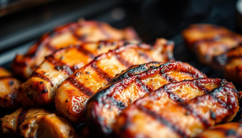 Perfectly grilled chicken strips, juicy and golden-brown, glistening under the warm lighting. Crisp skin contrasts with tender, flavorful meat, seared to perfection over an open flame. The aromatic blend of herbs and spices infuses every bite, enticing the senses. A shallow depth of field highlights the succulent texture, while a slightly high camera angle emphasizes the tempting presentation. The overall mood is one of culinary delight, showcasing the irresistible appeal of expertly prepared poultry.