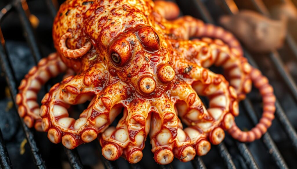 Seasoned baby octopus sizzling on a charcoal grill, with a golden-brown caramelized exterior and tender, juicy flesh. Close-up shot from above, highlighting the intricate tentacles coated in a flavorful blend of aromatic spices - paprika, garlic, lemon zest, and a hint of chili. Grill marks crisscross the surface, creating a visually appealing pattern. The background is blurred, emphasizing the main subject and its mouthwatering details. Warm, golden lighting casts gentle shadows, accentuating the octopus's natural textures and the sizzling of the grill. The overall scene evokes the scent and anticipation of a perfectly grilled, seasoned octopus dish.