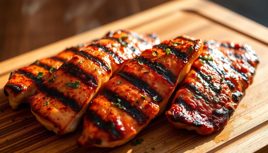 Sizzling grilled chicken strips, fresh off the grill, glistening with a golden-brown char. Juicy meat, seasoned with a blend of herbs and spices, arranged in a visually appealing manner on a wooden cutting board. The scene is illuminated by warm, natural lighting, casting soft shadows and highlighting the succulent texture of the chicken. A slight angle captures the strips from an appetizing perspective, inviting the viewer to envision the savory aroma and tender bite. The background is slightly blurred, keeping the focus on the main subject and creating a sense of depth. This image perfectly captures the essence of "Preparing Your Chicken Strips for the Grill" - a mouthwatering preview of the delicious grilled chicken strips featured in the article.