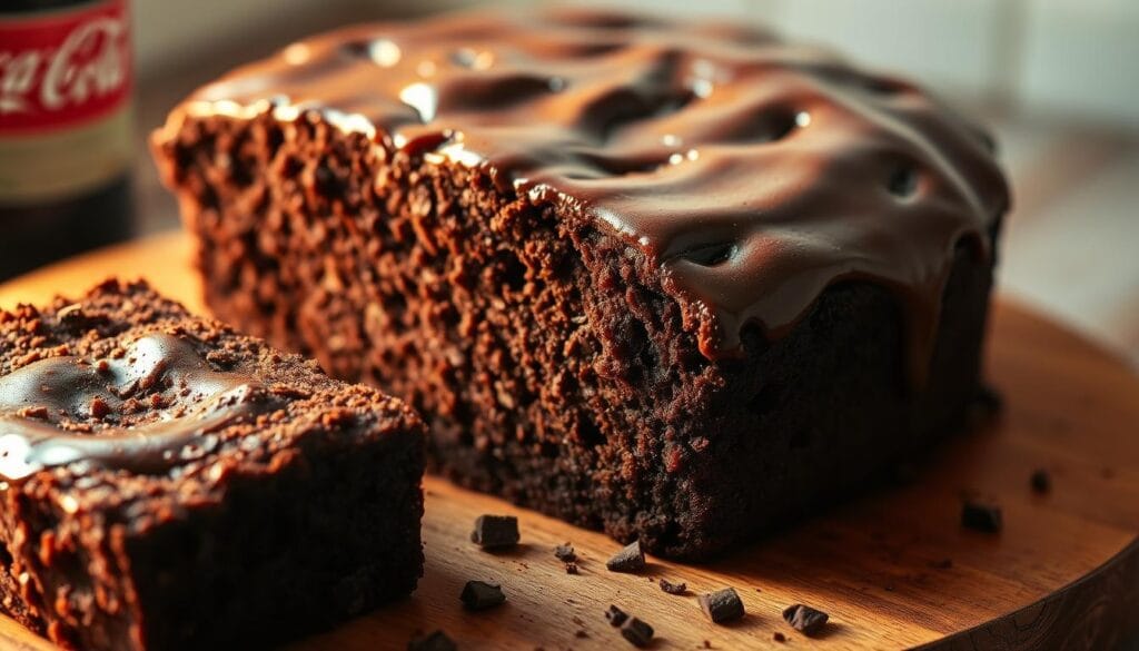 Sumptuous Coca-Cola Chocolate Cake, freshly baked and glistening with a rich, fudgy glaze. A slice reveals moist, dark chocolate crumb laced with the subtle fizz and caramel notes of the iconic soda. Warm lighting illuminates the cake's decadent texture, casting enticing shadows that highlight its luscious appearance. The cake is presented on a rustic wooden board, surrounded by a few stray chocolate shavings, evoking a homemade, artisanal feel. The composition captures the cake's irresistible allure, inviting the viewer to indulge in its delectable Coca-Cola-infused goodness. Sumptuous Coca-Cola Chocolate Cake, freshly baked and glistening with a rich, fudgy glaze. A slice reveals moist, dark chocolate crumb laced with the subtle fizz and caramel notes of the iconic soda. Warm lighting illuminates the cake's decadent texture, casting enticing shadows that highlight its luscious appearance. The cake is presented on a rustic wooden board, surrounded by a few stray chocolate shavings, evoking a homemade, artisanal feel. The composition captures the cake's irresistible allure, inviting the viewer to indulge in its delectable Coca-Cola-infused goodness.