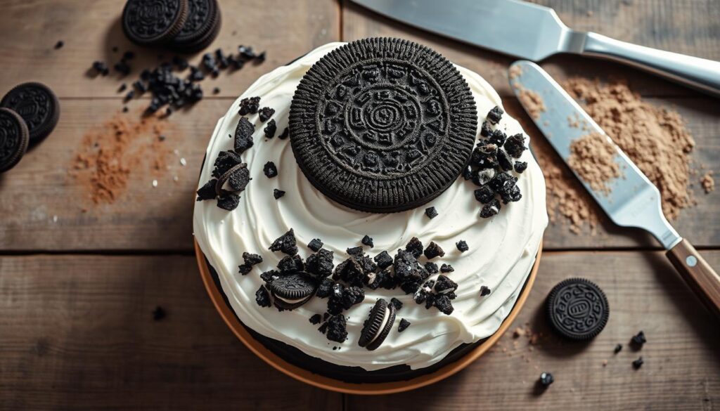 A beautifully lit overhead shot of a homemade Oreo cake being assembled on a rustic wooden surface. In the foreground, creamy white frosting is carefully smoothed over the top and sides of a dark chocolate cake layer, with crumbled Oreo cookies scattered artfully around the edges. In the middle ground, a second cake layer is being placed on top, its surface gently pressed to adhere to the frosting. The background features a few whole Oreo cookies, a dusting of cocoa powder, and a stainless steel spatula, creating a composed, professional-looking scene. Soft natural lighting from above casts gentle shadows, enhancing the textures and creating a warm, inviting atmosphere.