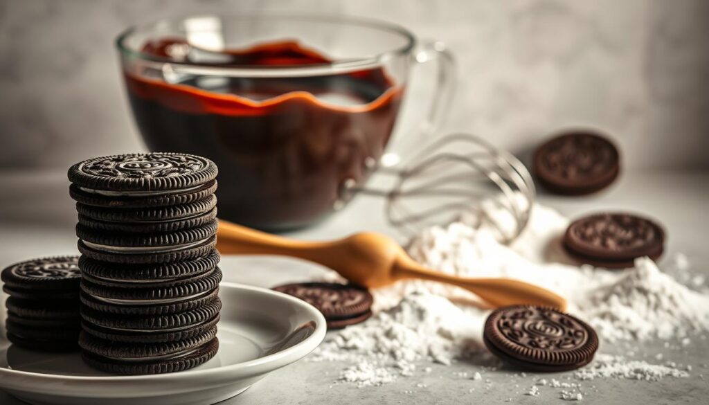 A beautifully lit still life capturing the essential ingredients for a homemade Oreo cake. In the foreground, a stack of Oreo cookies sits atop a white ceramic plate, their dark chocolate wafers and creamy filling arranged in an elegant, symmetrical pattern. Behind them, a glass bowl of rich, velvety chocolate ganache takes center stage, its glossy surface reflecting the warm, soft lighting from above. In the middle ground, a metal hand mixer and a wooden spoon lay nestled amongst a scattering of all-purpose flour, granulated sugar, and baking powder, hinting at the baking process to come. In the background, a neutral-colored backdrop provides a clean, minimalist setting, allowing the ingredients to shine. The overall mood is one of culinary anticipation and artisanal craftsmanship, perfectly capturing the essence of the homemade Oreo cake.