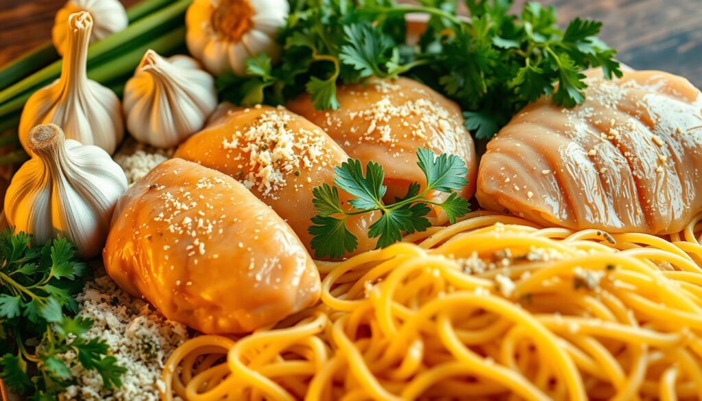 A bountiful arrangement of fresh garlic, grated Parmesan cheese, juicy chicken breasts, vibrant parsley sprigs, and a generous serving of hearty pasta noodles, all illuminated by warm, golden lighting and captured from a slightly elevated angle to showcase the textures and colors of these essential ingredients. The scene exudes an inviting, mouthwatering atmosphere, hinting at the delicious Garlic Parmesan Chicken Pasta dish that will soon be prepared.
