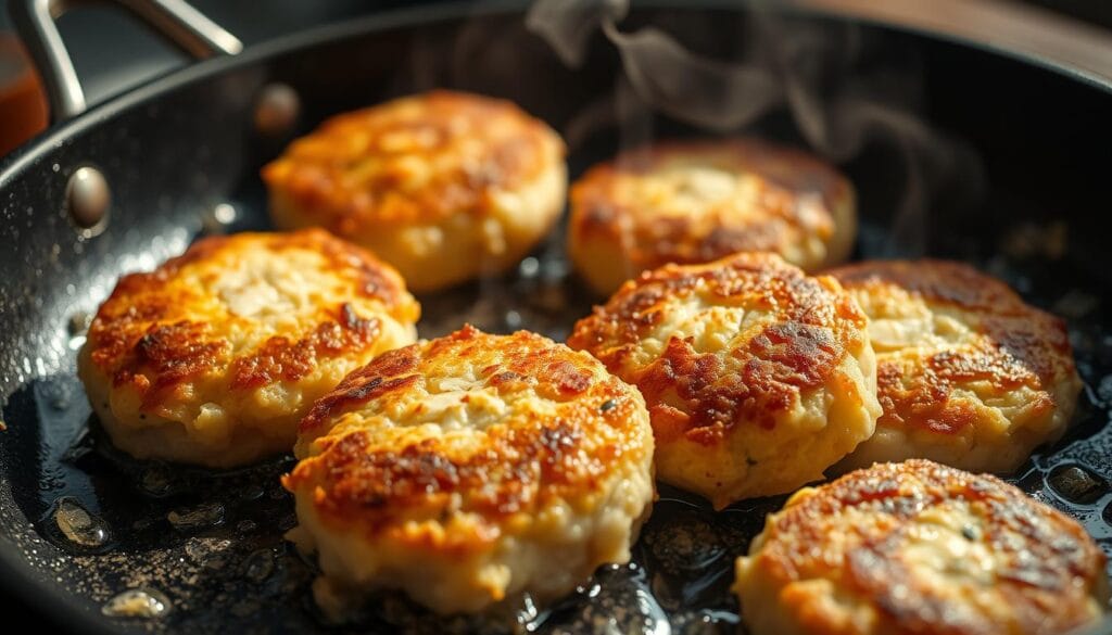 A close-up, high-resolution photograph of freshly prepared crab cakes sizzling in a hot skillet. The crab cakes are golden brown on the outside, revealing delicate flakes of sweet crab meat on the inside. Subtle steam rises from the pan, creating a warm, inviting atmosphere. The scene is illuminated by natural, soft lighting, casting gentle shadows and highlights that accentuate the crab cakes' texture and shape. The background is blurred, keeping the focus on the sizzling crab cakes in the foreground. The overall mood is one of culinary craftsmanship and mouthwatering anticipation. A close-up, high-resolution photograph of freshly prepared crab cakes sizzling in a hot skillet. The crab cakes are golden brown on the outside, revealing delicate flakes of sweet crab meat on the inside. Subtle steam rises from the pan, creating a warm, inviting atmosphere. The scene is illuminated by natural, soft lighting, casting gentle shadows and highlights that accentuate the crab cakes' texture and shape. The background is blurred, keeping the focus on the sizzling crab cakes in the foreground. The overall mood is one of culinary craftsmanship and mouthwatering anticipation.