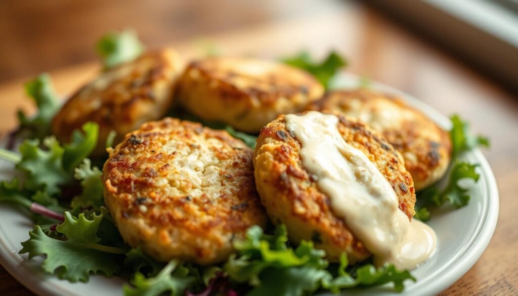 A close-up photograph of an artfully arranged plate of crab cakes, shot with a wide aperture lens to create a shallow depth of field. The crab cakes are golden-brown on the outside, with delicate flakes of succulent crab meat visible within. They are nestled on a bed of fresh mixed greens, drizzled with a creamy remoulade sauce. The background is softly blurred, highlighting the crab cakes as the focal point. The lighting is warm and natural, accentuating the textures and colors of the dish. The overall mood is one of rustic elegance, inviting the viewer to savor the regional specialties of this classic seafood delicacy. A close-up photograph of an artfully arranged plate of crab cakes, shot with a wide aperture lens to create a shallow depth of field. The crab cakes are golden-brown on the outside, with delicate flakes of succulent crab meat visible within. They are nestled on a bed of fresh mixed greens, drizzled with a creamy remoulade sauce. The background is softly blurred, highlighting the crab cakes as the focal point. The lighting is warm and natural, accentuating the textures and colors of the dish. The overall mood is one of rustic elegance, inviting the viewer to savor the regional specialties of this classic seafood delicacy.
