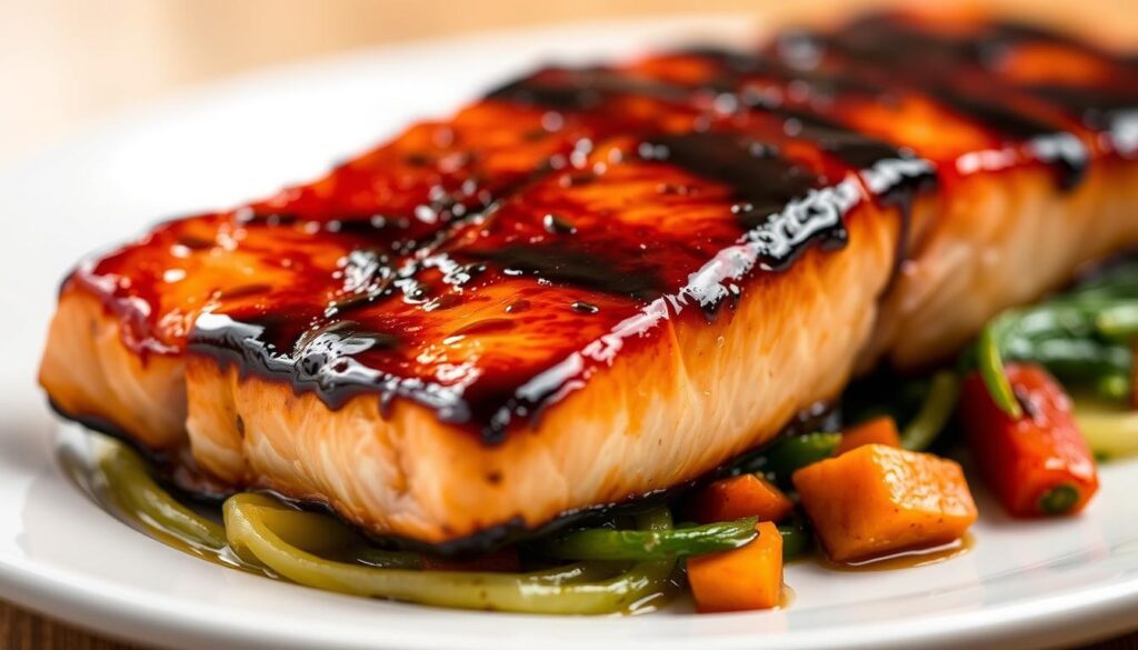 A close-up shot of a beautifully seared salmon fillet, its surface glistening with a rich, glossy miso glaze. The fish is positioned atop a bed of steamed vegetables, the vibrant colors of the greens and root vegetables creating a visually striking contrast. Soft, warm lighting from above casts a gentle glow, accentuating the tender flakiness of the salmon and the caramelized edges. The composition is framed with a simple, minimalist background, allowing the star of the dish to take center stage. Exuding an air of culinary sophistication and mouthwatering appeal, this image perfectly captures the essence of the "Chef's Tips for Perfecting Your Miso Salmon" section.