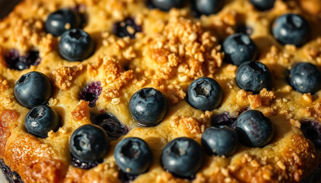 A close-up shot of a freshly baked blueberry coffee cake, revealing its soft, moist texture. The surface is dotted with plump, juicy blueberries that have burst open, releasing their vibrant indigo hues. Flecks of golden-brown streusel topping adorn the cake, creating a delightful contrast in both color and texture. The lighting is warm and inviting, casting gentle shadows that accentuate the cake's delicate crumb structure. The camera angle is slightly elevated, providing a tantalizing view of the cake's layered composition. The overall mood is one of irresistible homemade goodness, beckoning the viewer to reach out and take a bite.