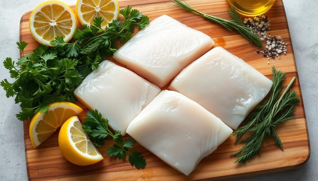 A close-up shot of a wooden cutting board, showcasing a selection of fresh, high-quality cod fillets, along with a variety of essential ingredients for a delicious oven-baked cod recipe. The fillets are glistening, their flaky texture and vibrant white color hinting at their freshness. Surrounding the cod are neatly arranged piles of fragrant herbs, such as parsley and dill, as well as lemon wedges, olive oil, and a sprinkle of sea salt and black pepper. The lighting is soft and natural, accentuating the textures and colors of the ingredients. The overall composition is clean, well-balanced, and inviting, conveying the simplicity and elegance of a homemade, oven-baked cod dish.