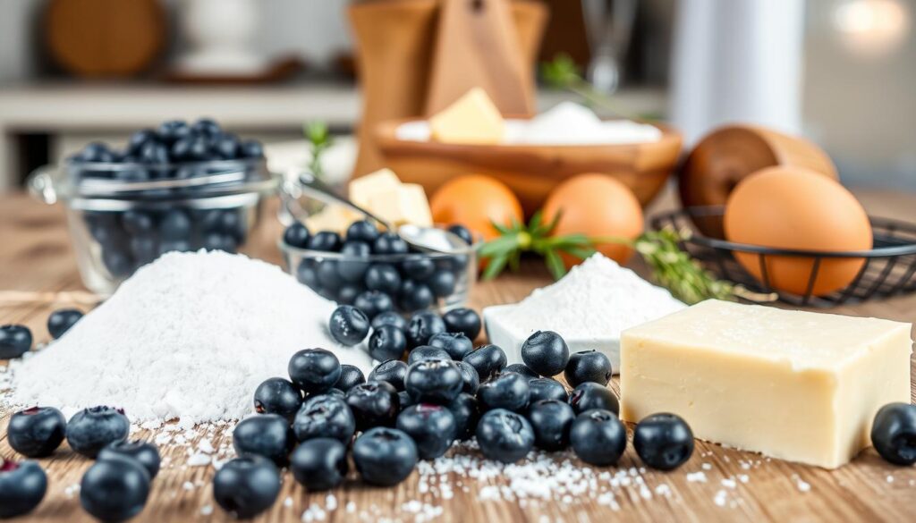 A close-up shot of a wooden table top showcasing the essential ingredients for a delicious blueberry coffee cake. In the foreground, fresh blueberries, sugar, butter, and eggs are arranged in an appealing composition. In the middle ground, a bowl of flour, baking powder, and a mixing spoon create a sense of preparation. The background features a rustic, light-filled kitchen setting, with a few sprigs of fresh herbs adding a touch of natural elegance. The lighting is soft and natural, creating a warm, inviting atmosphere that captures the essence of homemade baking.