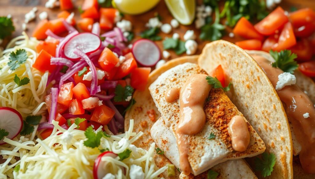 A close-up shot of an assortment of fresh and vibrant toppings for spicy fish tacos, captured under warm natural lighting. In the foreground, crisp shredded cabbage, diced tomatoes, sliced radishes, and a drizzle of creamy chipotle sauce. In the middle ground, grilled white fish fillets seasoned with a blend of spices, nestled in soft corn tortillas. The background features a scattered array of chopped cilantro, crumbled queso fresco, and freshly squeezed lime wedges, creating a visually enticing and authentic Mexican street food scene.