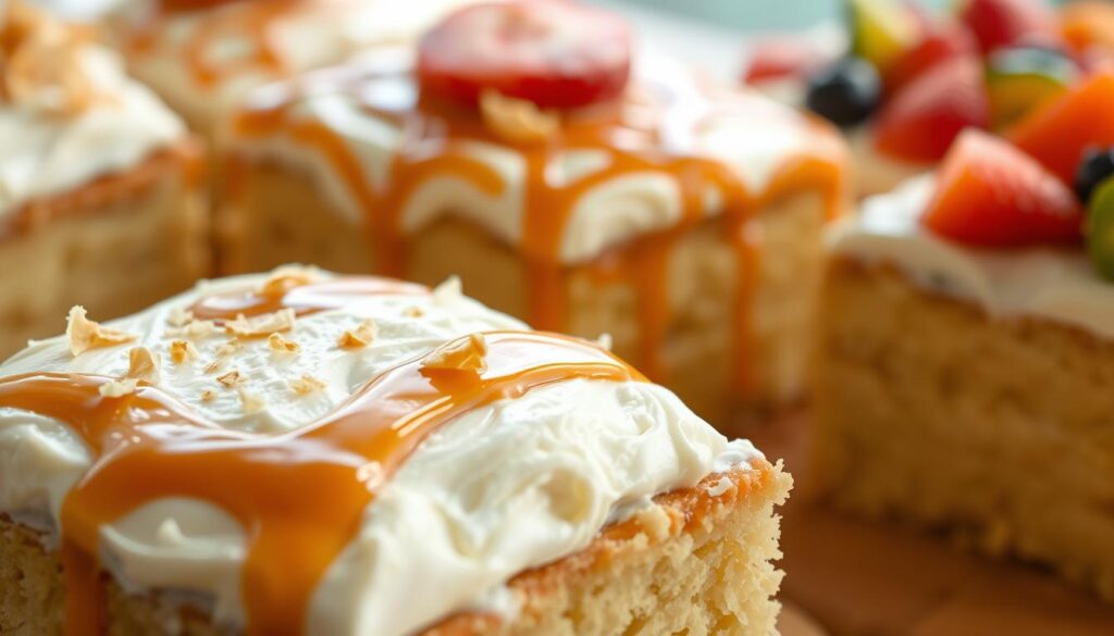 A close-up shot of an assortment of tres leches cake variations, captured in soft, natural lighting. In the foreground, a rich, moist tres leches cake with a delicate crumb, topped with a velvety whipped cream frosting and drizzled with a luscious caramel sauce. In the middle ground, a variation featuring swirls of dulce de leche and toasted coconut flakes. In the background, a creamy tres leches cake with a vibrant fruit topping, such as fresh strawberries or a medley of tropical fruits. The scene exudes an inviting, indulgent atmosphere, showcasing the diverse and delectable interpretations of this beloved Latin American dessert.