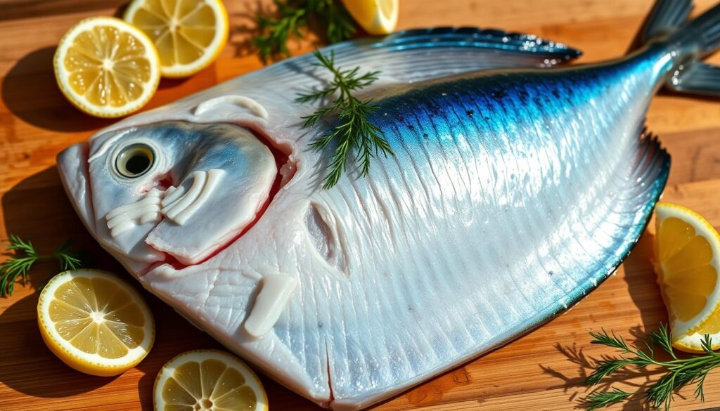 A close-up view of a fresh, whole mahi-mahi fish fillet, with delicate white flesh and a vibrant, iridescent blue-green skin. The fillet is arranged on a wooden cutting board, surrounded by sliced lemon wedges, sprigs of fresh dill, and a scattering of nutritional information icons, such as heart, muscle, and vitamin symbols. The lighting is soft and natural, casting gentle shadows and highlighting the fish's texture and color. The overall composition emphasizes the fish's health benefits, creating a visually appealing and informative representation of the "Nutritional Benefits of Mahi-Mahi".