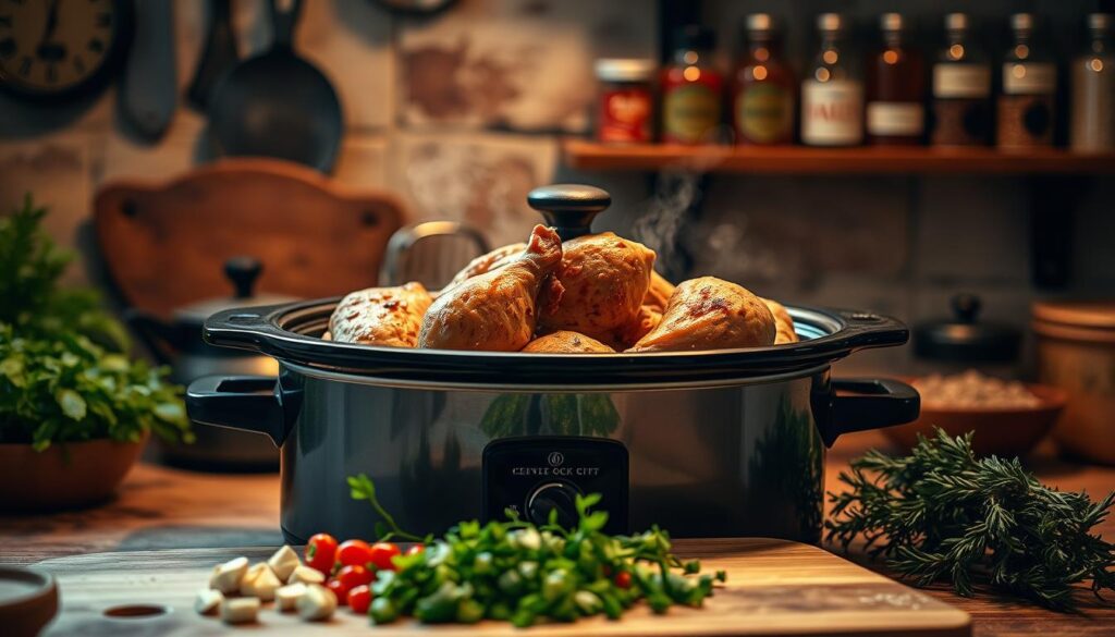 A cozy kitchen scene with a simmering crockpot at the center, filled with tender, golden-brown chicken, surrounded by aromatic vegetables and herbs. Warm, diffused lighting casts a soft glow, creating an inviting and comforting atmosphere. In the foreground, a wooden cutting board displays freshly chopped ingredients, hinting at the flavorful preparation. In the background, a rustic wall showcases vintage cookware and shelves stocked with spices, conveying the essence of a time-honored, homemade meal. The overall composition evokes a sense of heartwarming, slow-cooked comfort food, perfect for an article on classic crockpot chicken recipes.