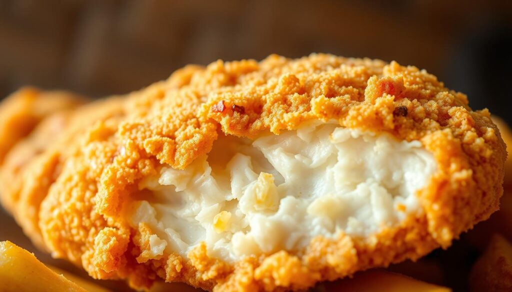 A crisp, golden-brown chicken fried chicken breast, freshly fried to perfection. The chicken is coated in a delicate, seasoned breading that crunches with each bite, revealing juicy, tender meat within. The lighting casts a warm, inviting glow, highlighting the chicken's alluring texture. The scene is captured from a low angle, emphasizing the dish's hearty, satisfying presence. The background is softly blurred, allowing the chicken to take center stage and entice the viewer's senses. An appetizing, mouthwatering display that perfectly captures the essence of a classic chicken fried chicken recipe.