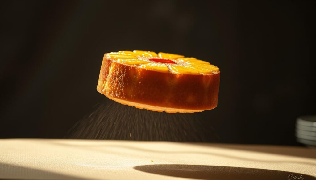 A crisp, golden pineapple upside down cake flipping gracefully through the air, captured mid-flip. The cake spins with precise control, its caramelized top glistening under warm, dramatic lighting that casts dramatic shadows. The viewer is positioned at an angle, looking up towards the cake as it rotates, emphasizing the critical moment of the flip. The background is blurred, keeping the focus on the cake's mesmerizing motion and the delicate balance required to execute this technique flawlessly.