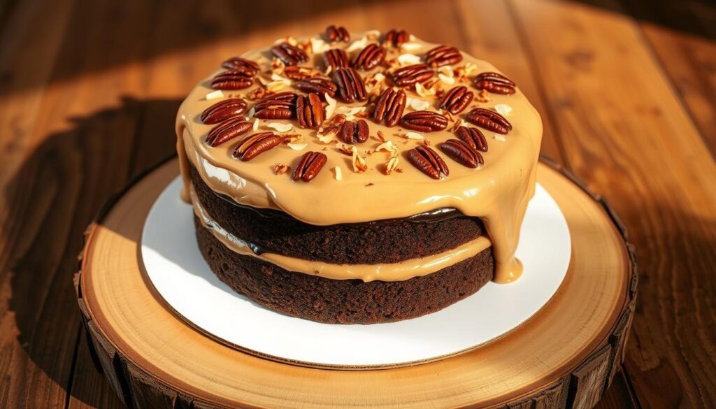 A delectable German chocolate cake with a glossy, moist chocolate sponge cake as the base, topped with a decadent, creamy coconut-pecan frosting that cascades over the sides, creating an inviting, layered appearance. The cake is lit from above, casting warm, natural light that accentuates the rich, dark chocolate hue and the toasted coconut flecks in the frosting. The cake is placed on a rustic wooden surface, with a complementary background of earthy tones to create a cozy, homemade atmosphere. The overall composition evokes a sense of indulgence and culinary craftsmanship, reflecting the traditional qualities of a classic German chocolate cake.