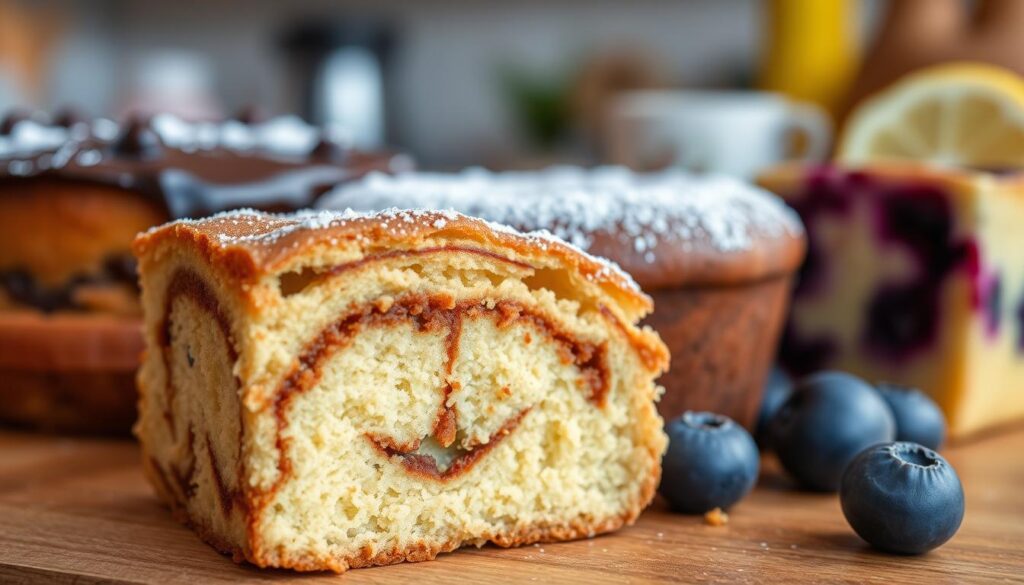 A delectable array of coffee cake flavors, each a tempting delight. In the foreground, a mouthwatering slice of classic cinnamon-swirl coffee cake, its golden crumb glistening under soft, directional lighting. In the middle ground, a sumptuous dark chocolate and espresso-infused coffee cake, dusted with a hint of powdered sugar. In the background, a vibrant blueberry-lemon coffee cake, its vibrant berries nestled within a fluffy, tender crumb. The scene is captured with a wide-angle lens, showcasing the variety and allure of these irresistible coffee cake creations, set against a warm, cozy kitchen backdrop.