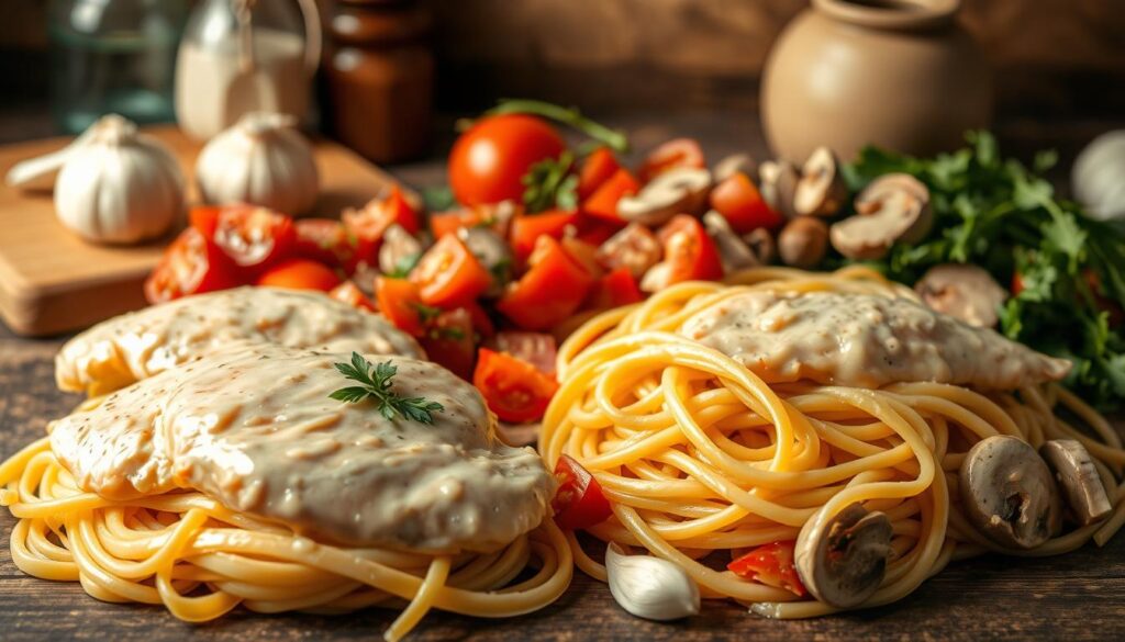 A delectable array of fresh ingredients for a mouthwatering garlic parmesan chicken pasta dish. In the foreground, tender chicken breasts and a pile of al dente fettuccine noodles, drizzled with a creamy parmesan sauce. Surrounding them, a vibrant medley of sautéed vegetables - diced tomatoes, sliced mushrooms, and fragrant garlic cloves. In the background, a wooden cutting board and a selection of cooking utensils, bathed in warm, directional lighting that accentuates the textures and colors. The scene conveys a sense of rustic elegance, inviting the viewer to experience the satisfying process of preparing this comforting and flavorful pasta recipe.