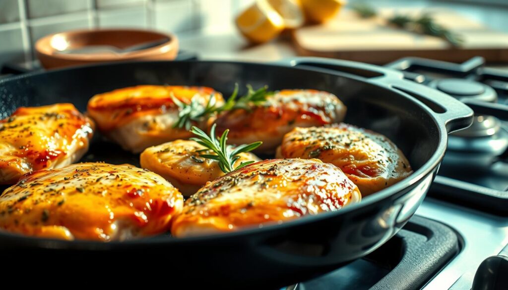 A delectable close-up of freshly cooked chicken breasts, sizzling in a cast-iron skillet over a gas stove with a warm, golden-brown sear. The juicy, tender meat is garnished with fresh herbs like rosemary and thyme, adding a savory, aromatic touch. The scene is bathed in soft, natural lighting, casting gentle shadows and highlights that accentuate the succulent texture of the chicken. In the background, a minimalist kitchen counter with a few simple ingredients, such as lemon wedges and a cutting board, create a sense of a quick, effortless meal preparation. The overall mood is one of culinary simplicity and inviting comfort, perfectly capturing the essence of "Quick and Easy Chicken Breast Recipes for Busy Weeknights."