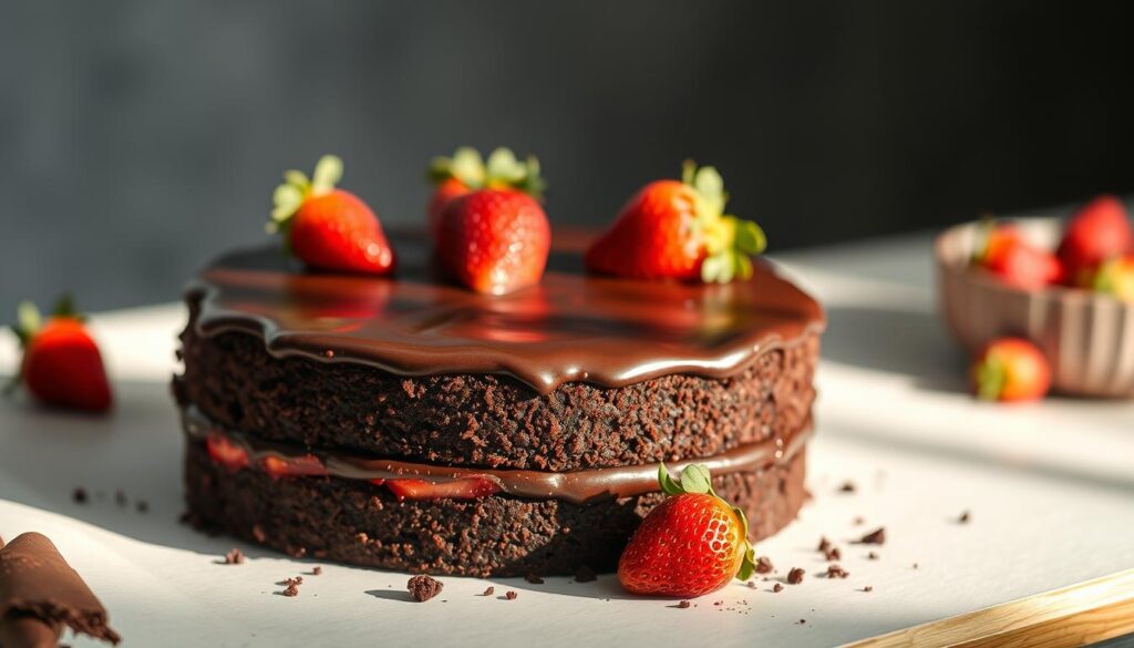 A delectable, decadent chocolate strawberry cake, its layers of moist, rich chocolate sponge enveloped in a silky ganache frosting. Vibrant, juicy strawberries dot the surface, their crimson hues creating a striking contrast against the dark chocolate. Gentle side lighting casts a warm, inviting glow, highlighting the cake's luscious, tempting texture. The scene is set against a softly blurred background, allowing the cake to take center stage, beckoning the viewer to indulge in its irresistible flavors. Meticulously crafted, this sumptuous dessert embodies the art of baking, a testament to the skill and attention to detail required to create such an exquisite chocolate strawberry cake.