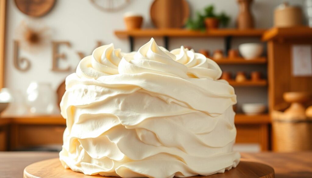 A delectable, freshly baked whipped cream cake stands center stage, its fluffy, light-as-air texture glistening under soft, natural lighting. The cake's pristine white exterior is adorned with delicate swirls of velvety whipped cream, creating a visually captivating and irresistible confection. In the background, a warm, cozy bakery setting with wooden shelves and rustic décor sets the scene, hinting at the care and attention to detail that goes into crafting Rosemary's signature dessert. The overall composition radiates a sense of homemade indulgence, inviting the viewer to imagine the satisfying texture and flavor of this exquisite whipped cream cake.