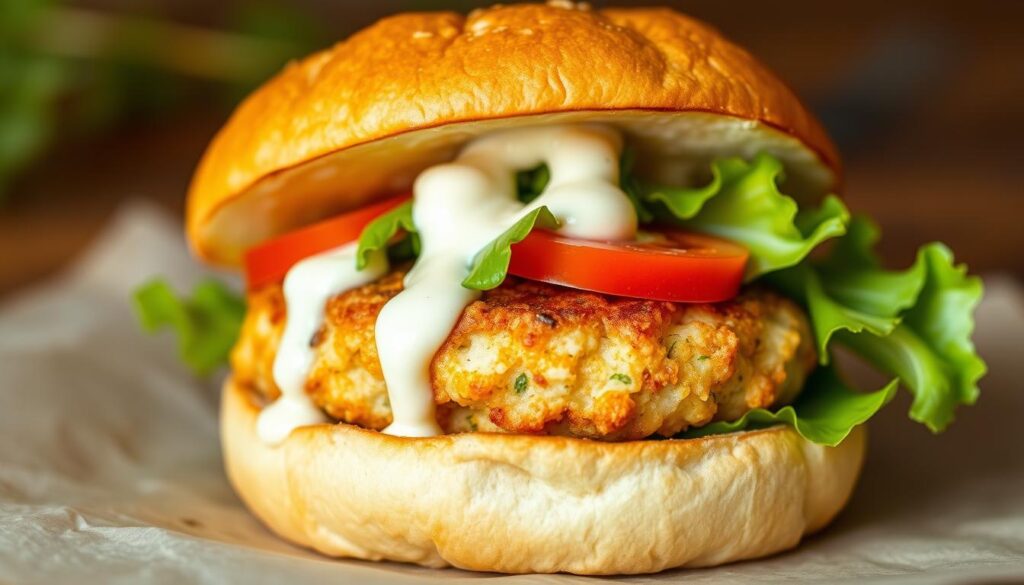 A delectable gourmet crab cake sandwich, nestled between two soft, lightly toasted brioche buns. The crab cakes, expertly crafted, are golden-brown on the outside and bursting with succulent, flavorful crab meat on the inside. A creamy, tangy lemon-dill aioli sauce drizzles over the crab cakes, complementing their savory richness. Crisp, fresh lettuce and juicy tomato slices add vibrant pops of color and texture. Bathed in warm, natural lighting and shot at a slight angle, the sandwich appears mouthwatering and irresistible, perfectly showcasing the best bread options and signature sauces for this seafood delight.